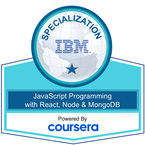 JavaScript Programming with React, Node & MongoDB Specialization Credly Badge